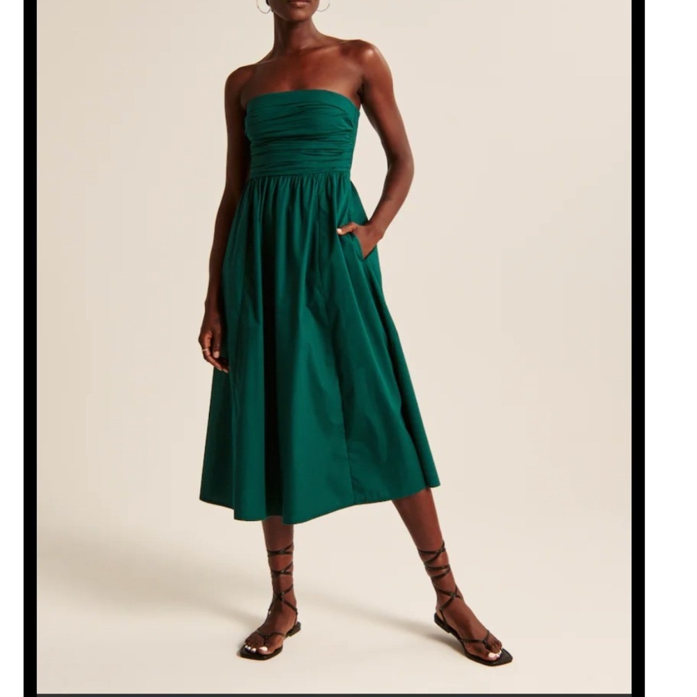 Abercrombie & Fitch Green Strapless Smocked Ruched Poplin Midi Dress Pockets